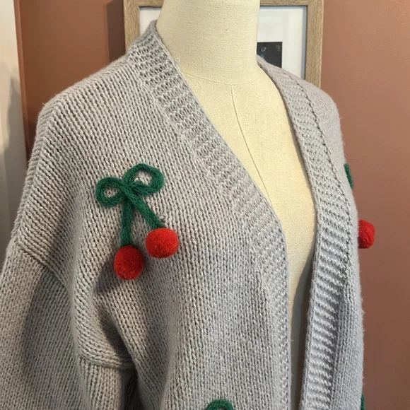 Anthropologie Luna Ivy 3D cherry oversized open front light blue S cardigan - Picture 2 of 10